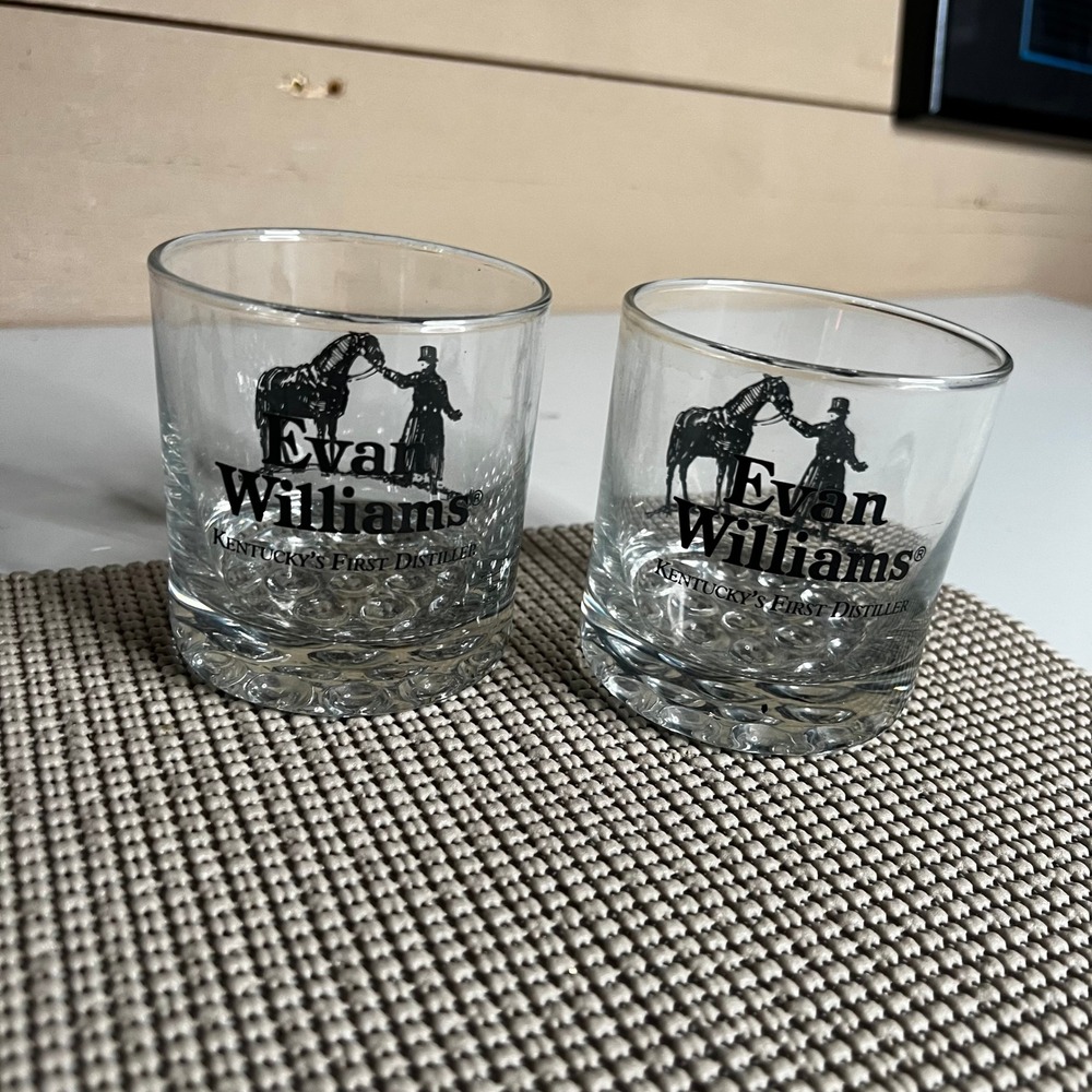 Evan Williams Bourbon Whiskey Glasses Set of 2 Bubble Base Rocks Lowball Barware